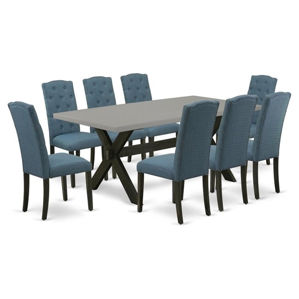 East West Furniture X697Ce121-9 9 Piece Modern Dining Table Set Includes A Rectangle Wooden Table With X-Legs And 8 Mineral Blue Linen Fabric Upholstered Chairs, 40X72 Inch, Multi-Color